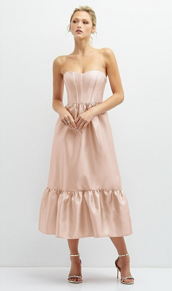 Front View - Cameo Strapless Satin Midi Corset Dress with Lace-Up Back & Ruffle Hem
