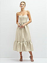 Front View Thumbnail - Champagne Strapless Satin Midi Corset Dress with Lace-Up Back & Ruffle Hem