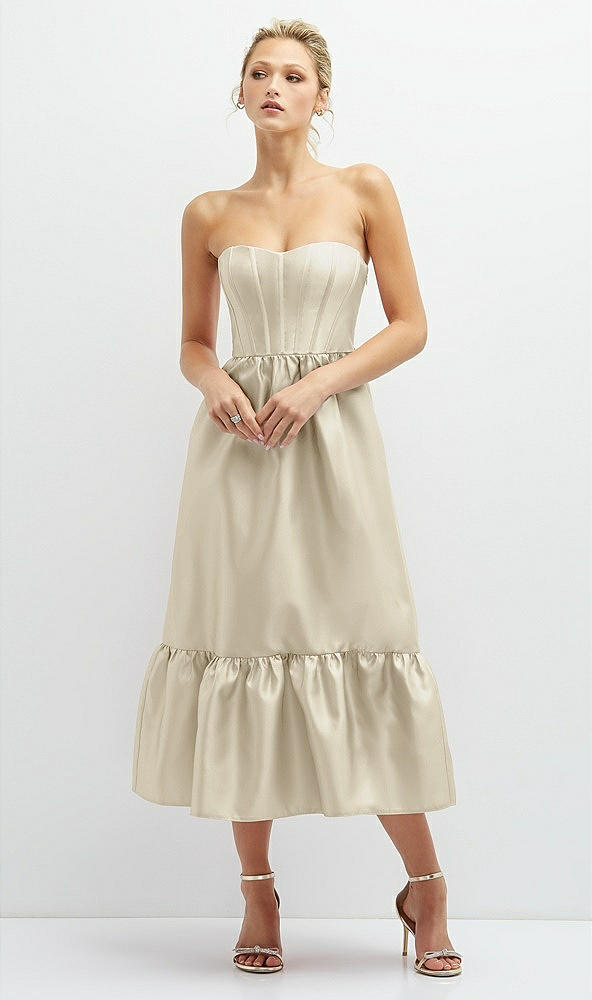 Front View - Champagne Strapless Satin Midi Corset Dress with Lace-Up Back & Ruffle Hem