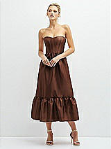Front View Thumbnail - Cognac Strapless Satin Midi Corset Dress with Lace-Up Back & Ruffle Hem