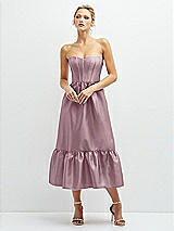 Front View Thumbnail - Dusty Rose Strapless Satin Midi Corset Dress with Lace-Up Back & Ruffle Hem