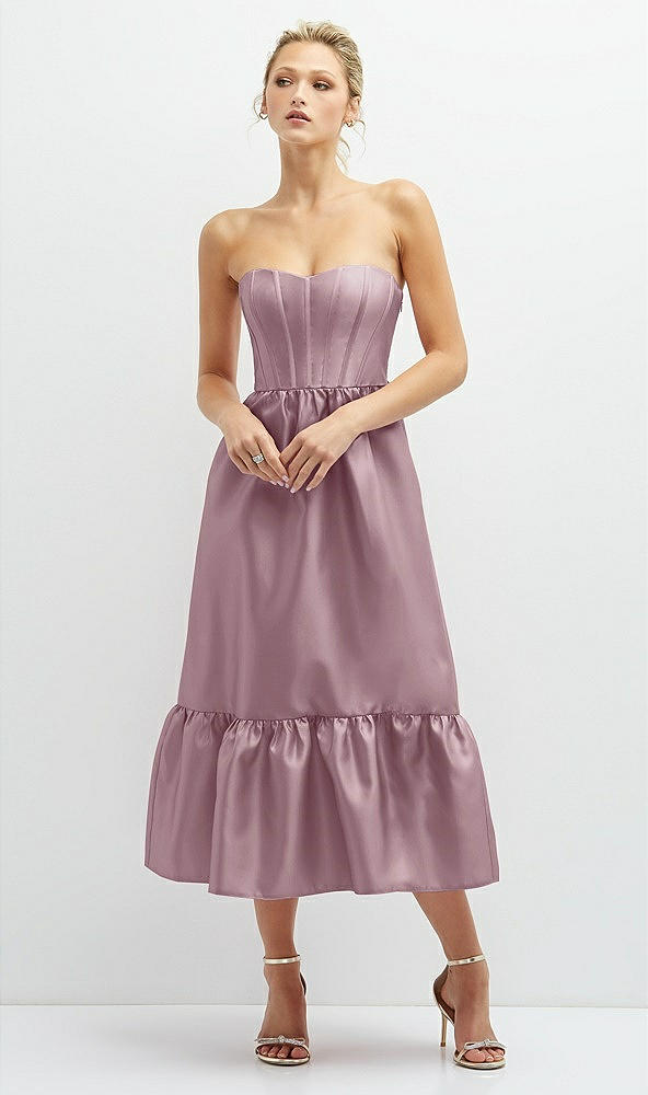 Front View - Dusty Rose Strapless Satin Midi Corset Dress with Lace-Up Back & Ruffle Hem