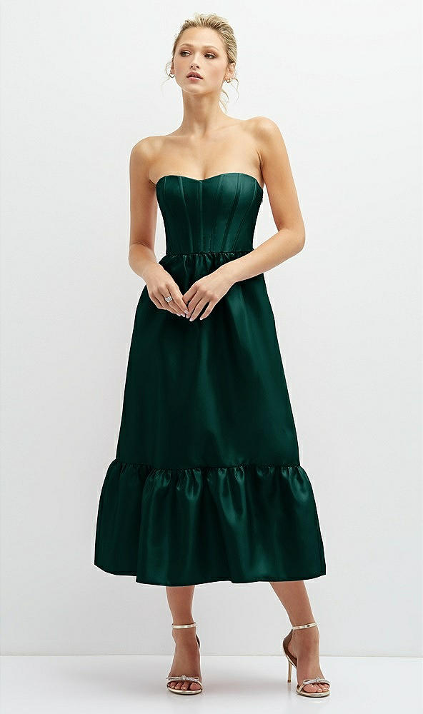 Front View - Evergreen Strapless Satin Midi Corset Dress with Lace-Up Back & Ruffle Hem