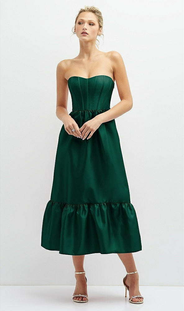 Front View - Hunter Green Strapless Satin Midi Corset Dress with Lace-Up Back & Ruffle Hem