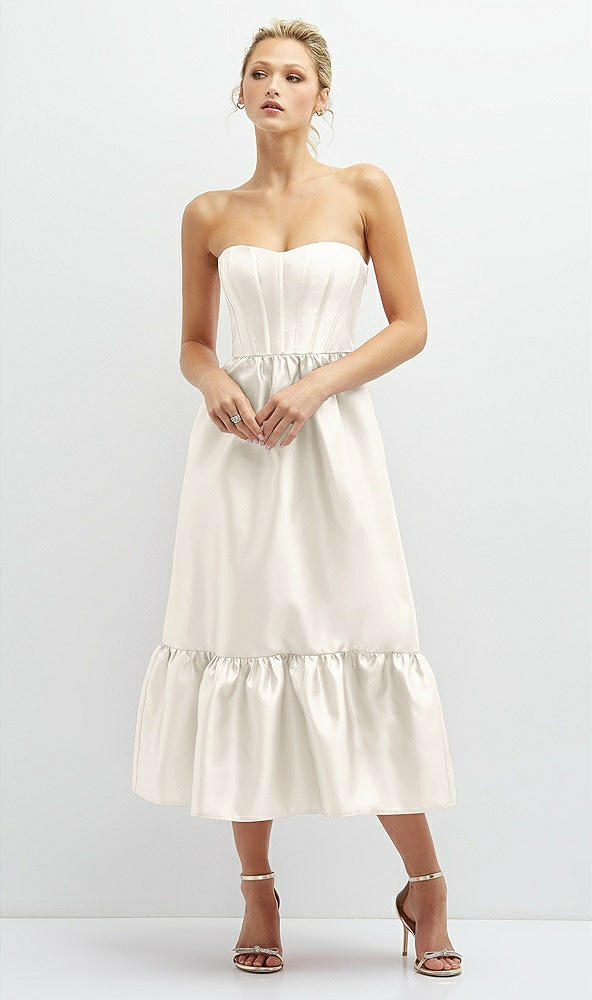 Front View - Ivory Strapless Satin Midi Corset Dress with Lace-Up Back & Ruffle Hem
