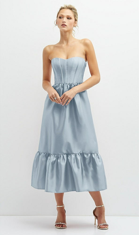 Front View - Mist Strapless Satin Midi Corset Dress with Lace-Up Back & Ruffle Hem