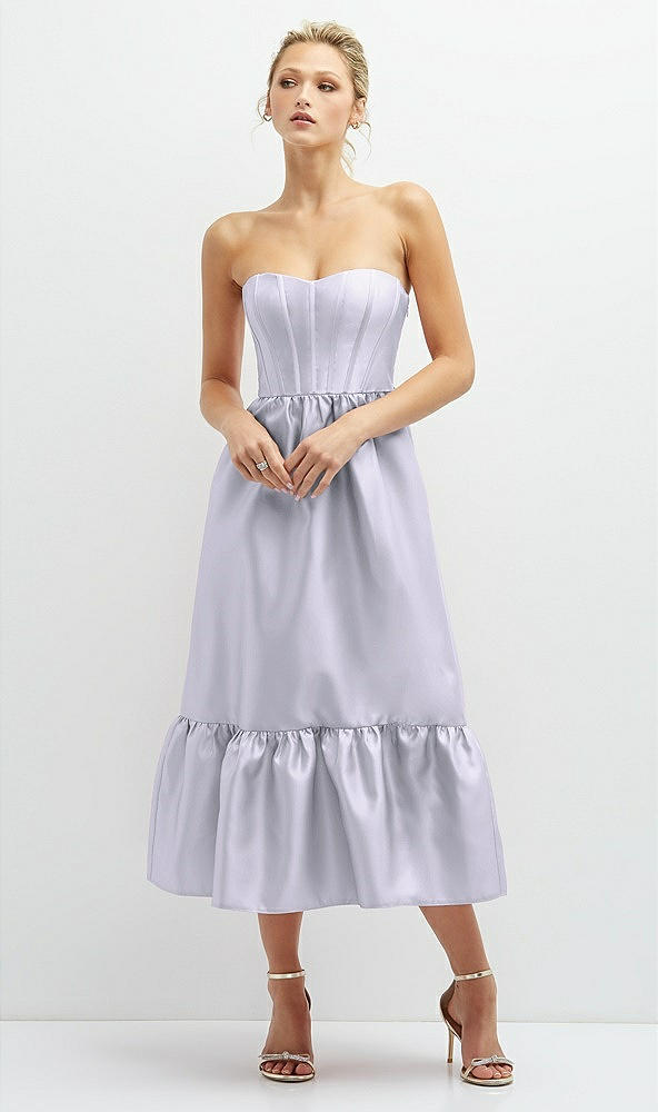 Front View - Silver Dove Strapless Satin Midi Corset Dress with Lace-Up Back & Ruffle Hem