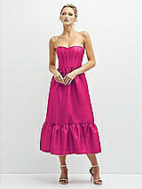 Front View Thumbnail - Think Pink Strapless Satin Midi Corset Dress with Lace-Up Back & Ruffle Hem