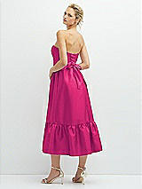 Rear View Thumbnail - Think Pink Strapless Satin Midi Corset Dress with Lace-Up Back & Ruffle Hem