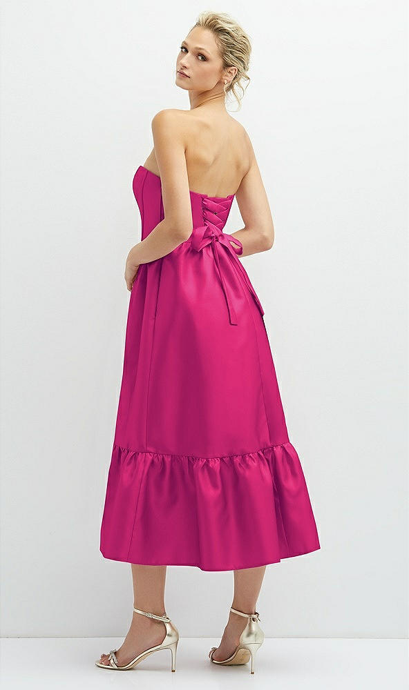 Back View - Think Pink Strapless Satin Midi Corset Dress with Lace-Up Back & Ruffle Hem