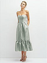 Alt View 1 Thumbnail - Willow Green Strapless Satin Midi Corset Dress with Lace-Up Back & Ruffle Hem