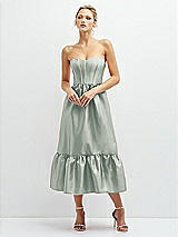 Front View Thumbnail - Willow Green Strapless Satin Midi Corset Dress with Lace-Up Back & Ruffle Hem