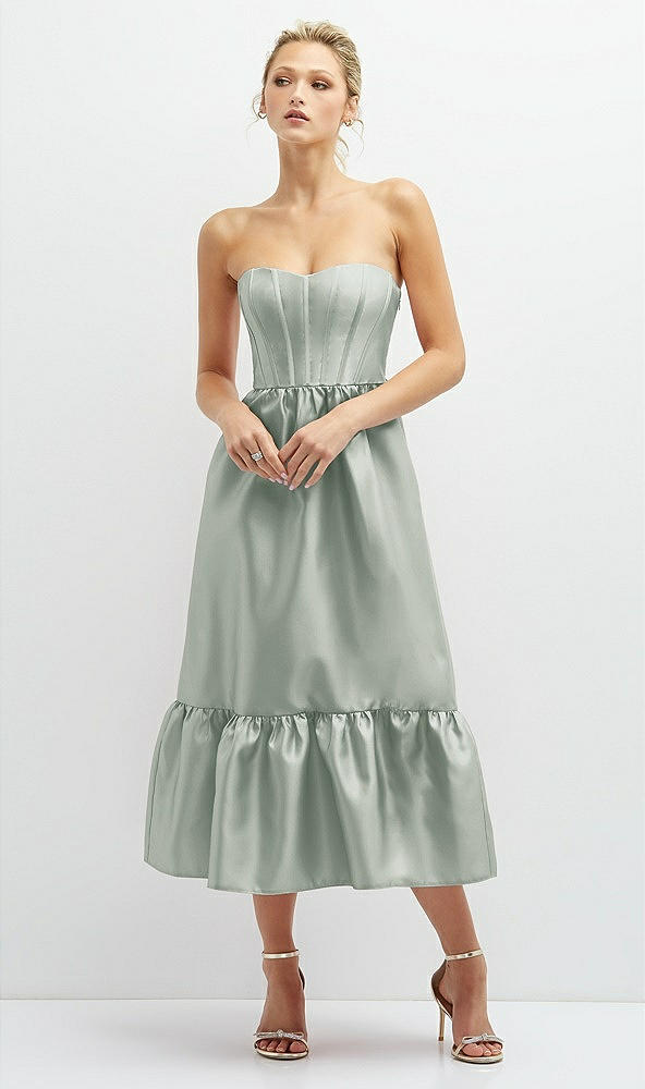 Front View - Willow Green Strapless Satin Midi Corset Dress with Lace-Up Back & Ruffle Hem