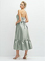 Rear View Thumbnail - Willow Green Strapless Satin Midi Corset Dress with Lace-Up Back & Ruffle Hem