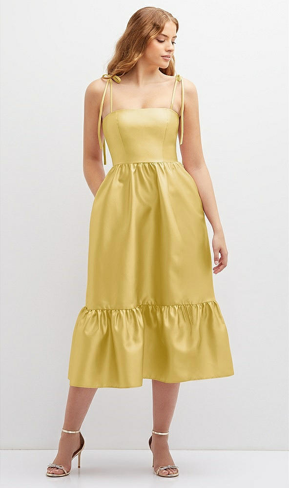 Front View - Maize Shirred Ruffle Hem Midi Dress with Self-Tie Spaghetti Straps and Pockets