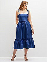 Front View Thumbnail - Classic Blue Shirred Ruffle Hem Midi Dress with Self-Tie Spaghetti Straps and Pockets