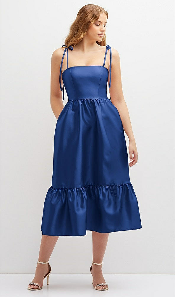 Front View - Classic Blue Shirred Ruffle Hem Midi Dress with Self-Tie Spaghetti Straps and Pockets
