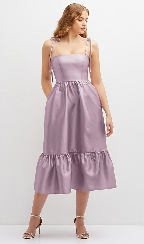 Front View - Suede Rose Shirred Ruffle Hem Midi Dress with Self-Tie Spaghetti Straps and Pockets