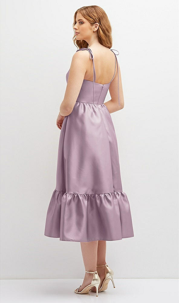 Back View - Suede Rose Shirred Ruffle Hem Midi Dress with Self-Tie Spaghetti Straps and Pockets