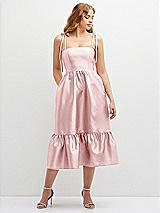 Front View Thumbnail - Ballet Pink Shirred Ruffle Hem Midi Dress with Self-Tie Spaghetti Straps and Pockets