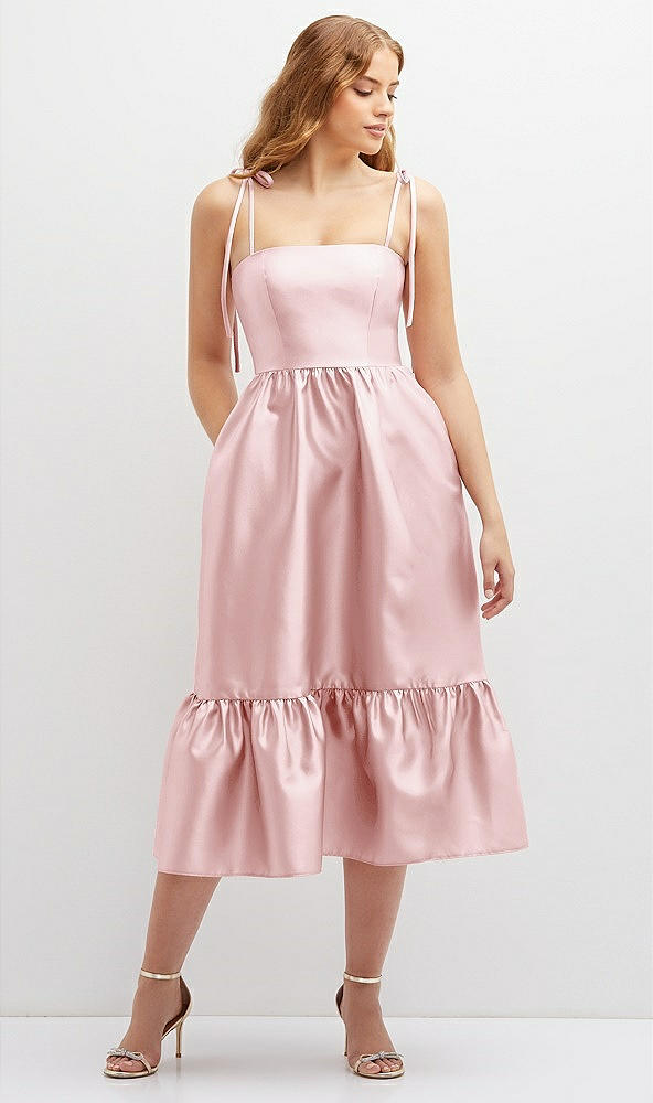 Front View - Ballet Pink Shirred Ruffle Hem Midi Dress with Self-Tie Spaghetti Straps and Pockets