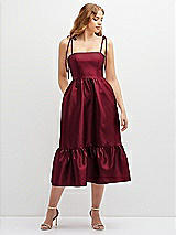 Front View Thumbnail - Burgundy Shirred Ruffle Hem Midi Dress with Self-Tie Spaghetti Straps and Pockets