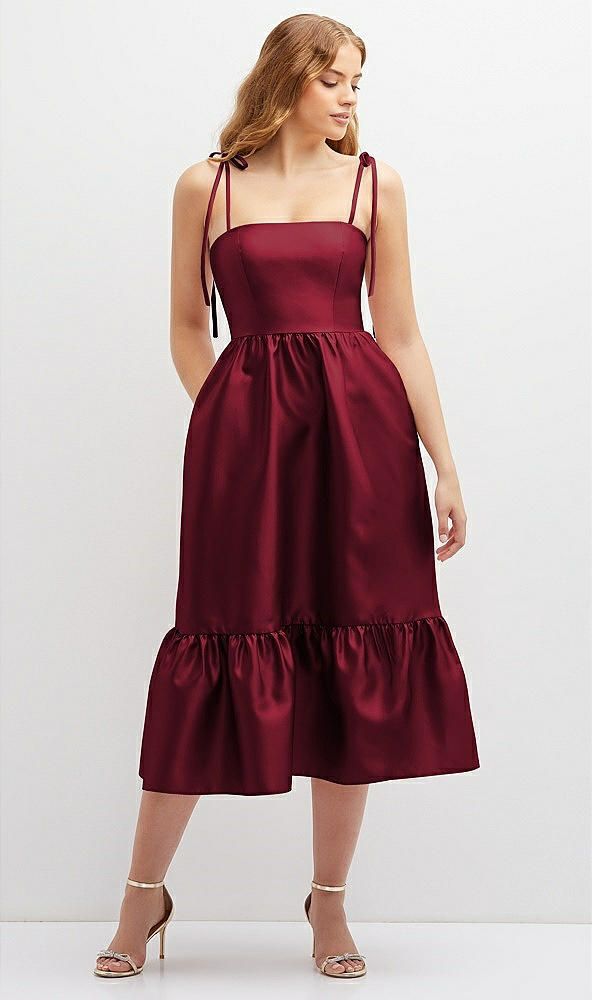 Front View - Burgundy Shirred Ruffle Hem Midi Dress with Self-Tie Spaghetti Straps and Pockets