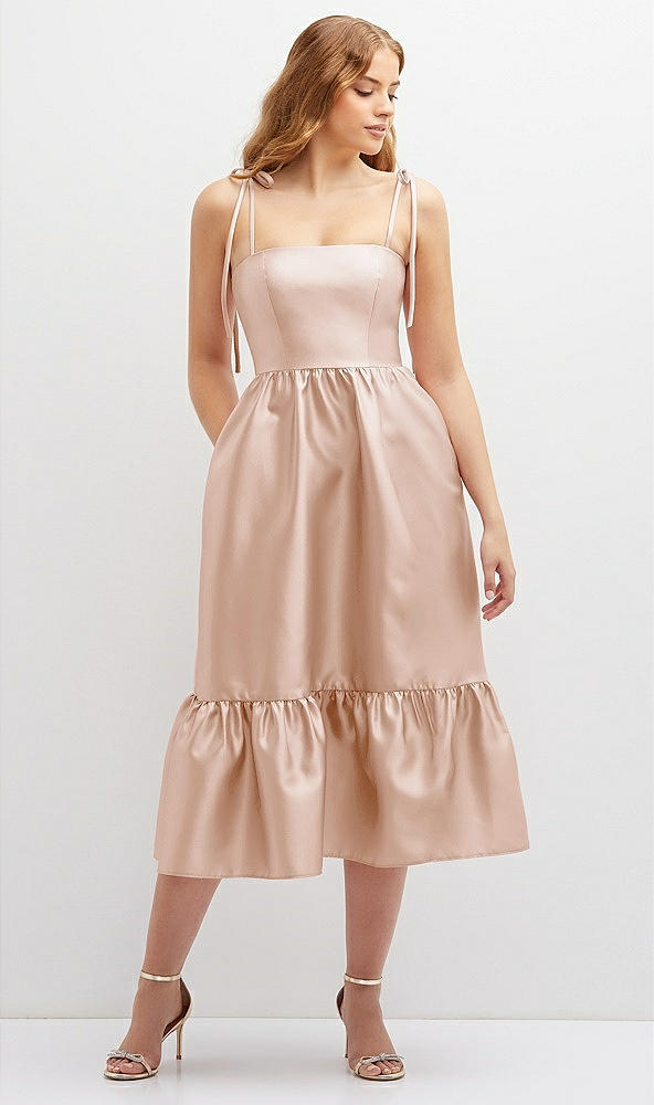 Front View - Cameo Shirred Ruffle Hem Midi Dress with Self-Tie Spaghetti Straps and Pockets