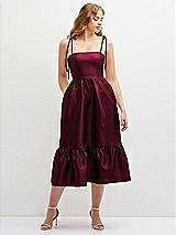 Front View Thumbnail - Cabernet Shirred Ruffle Hem Midi Dress with Self-Tie Spaghetti Straps and Pockets
