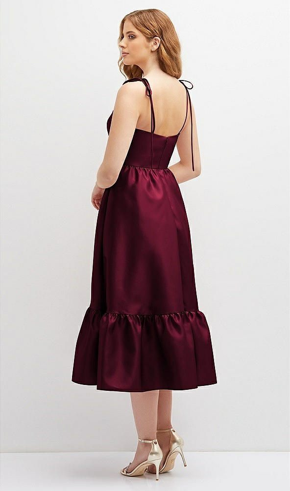 Back View - Cabernet Shirred Ruffle Hem Midi Dress with Self-Tie Spaghetti Straps and Pockets