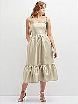Front View Thumbnail - Champagne Shirred Ruffle Hem Midi Dress with Self-Tie Spaghetti Straps and Pockets