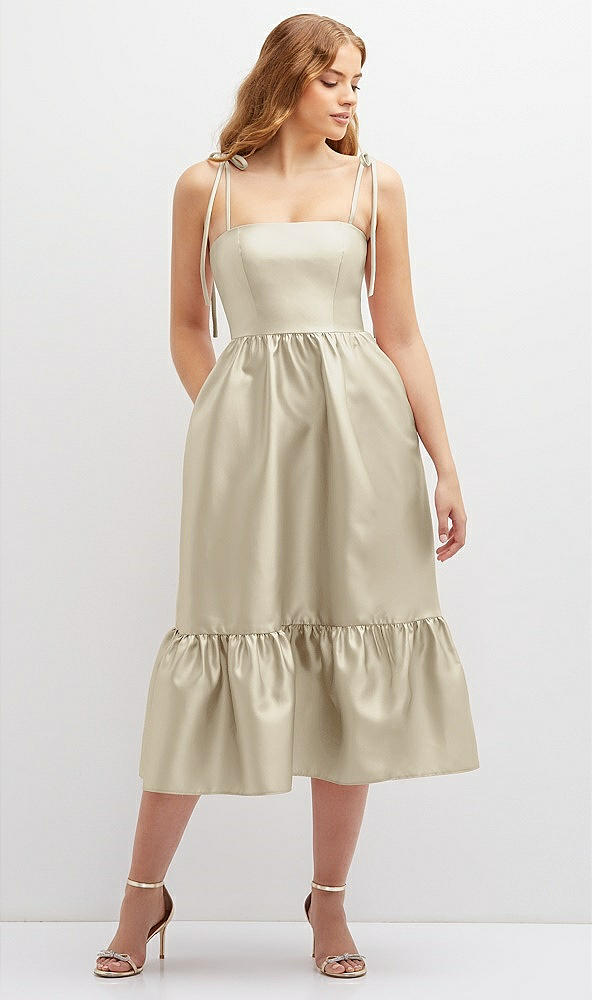 Front View - Champagne Shirred Ruffle Hem Midi Dress with Self-Tie Spaghetti Straps and Pockets