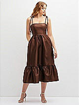 Front View Thumbnail - Cognac Shirred Ruffle Hem Midi Dress with Self-Tie Spaghetti Straps and Pockets