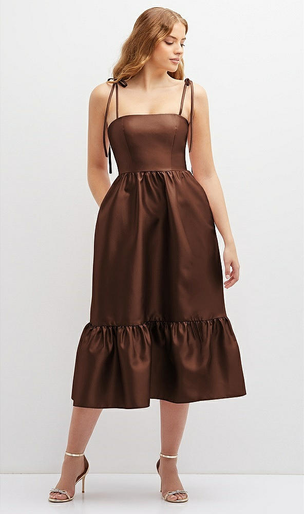 Front View - Cognac Shirred Ruffle Hem Midi Dress with Self-Tie Spaghetti Straps and Pockets