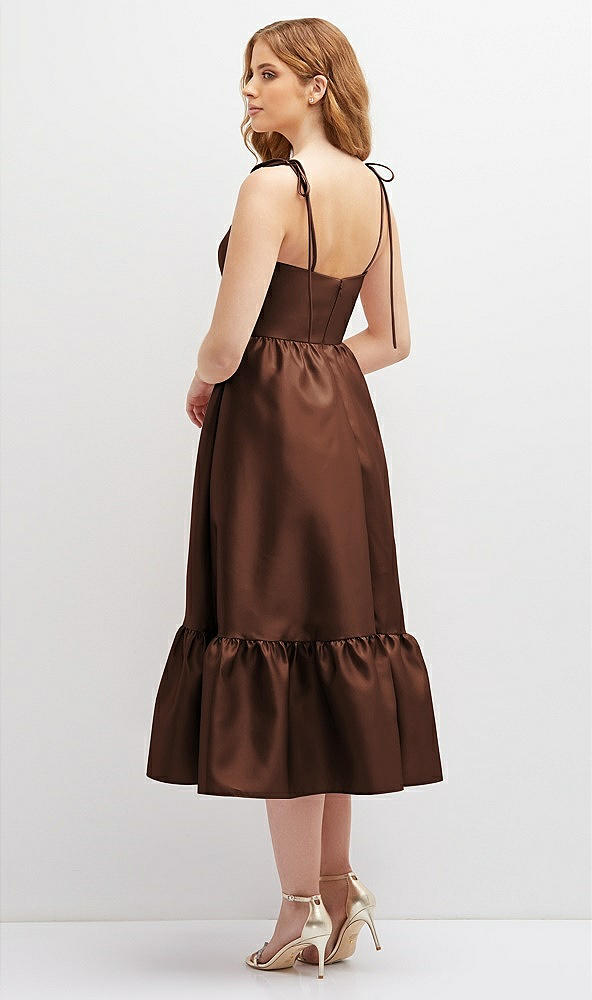 Back View - Cognac Shirred Ruffle Hem Midi Dress with Self-Tie Spaghetti Straps and Pockets