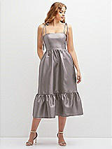 Front View Thumbnail - Cashmere Gray Shirred Ruffle Hem Midi Dress with Self-Tie Spaghetti Straps and Pockets