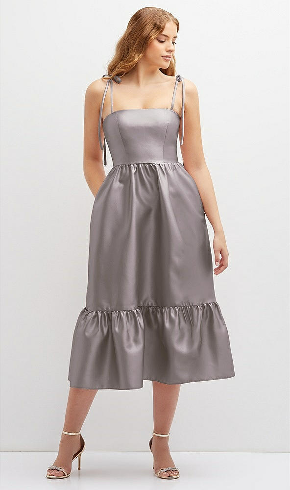 Front View - Cashmere Gray Shirred Ruffle Hem Midi Dress with Self-Tie Spaghetti Straps and Pockets