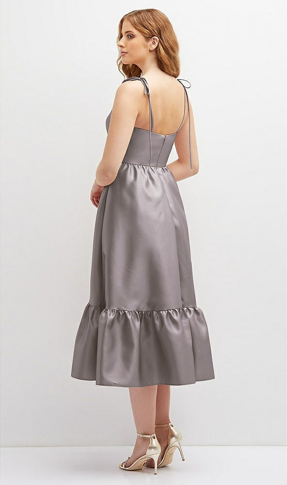 Back View - Cashmere Gray Shirred Ruffle Hem Midi Dress with Self-Tie Spaghetti Straps and Pockets