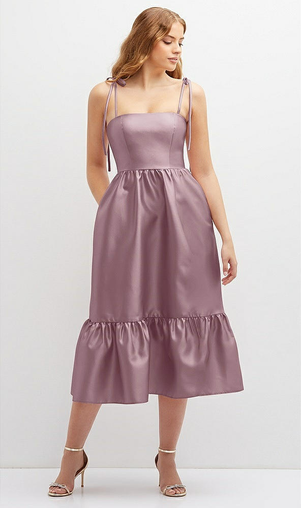 Front View - Dusty Rose Shirred Ruffle Hem Midi Dress with Self-Tie Spaghetti Straps and Pockets