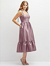 Side View Thumbnail - Dusty Rose Shirred Ruffle Hem Midi Dress with Self-Tie Spaghetti Straps and Pockets