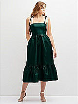 Front View Thumbnail - Evergreen Shirred Ruffle Hem Midi Dress with Self-Tie Spaghetti Straps and Pockets