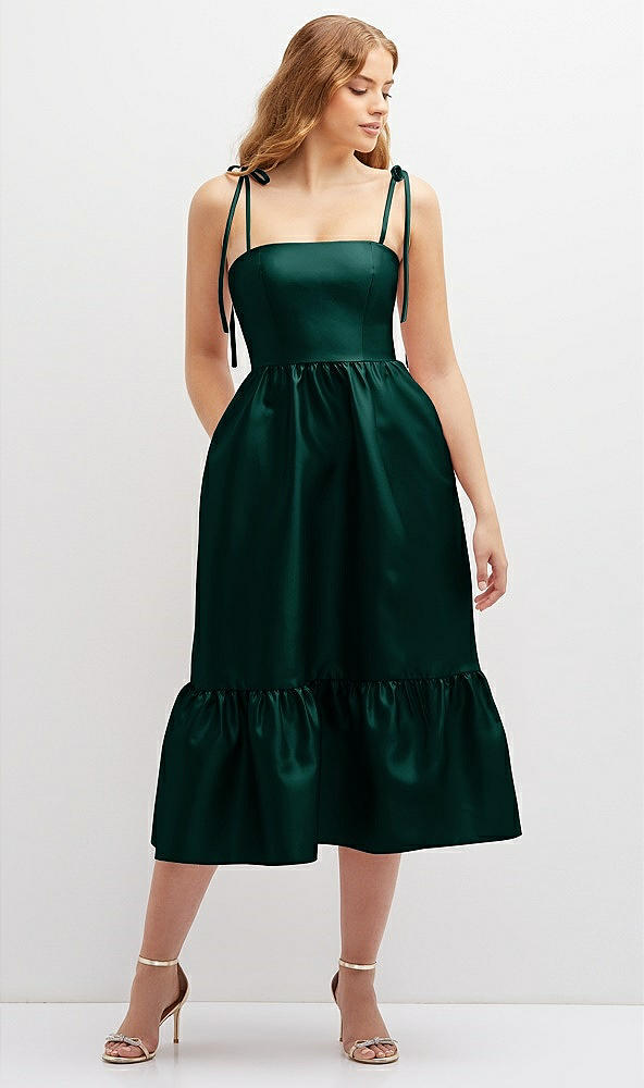 Front View - Evergreen Shirred Ruffle Hem Midi Dress with Self-Tie Spaghetti Straps and Pockets