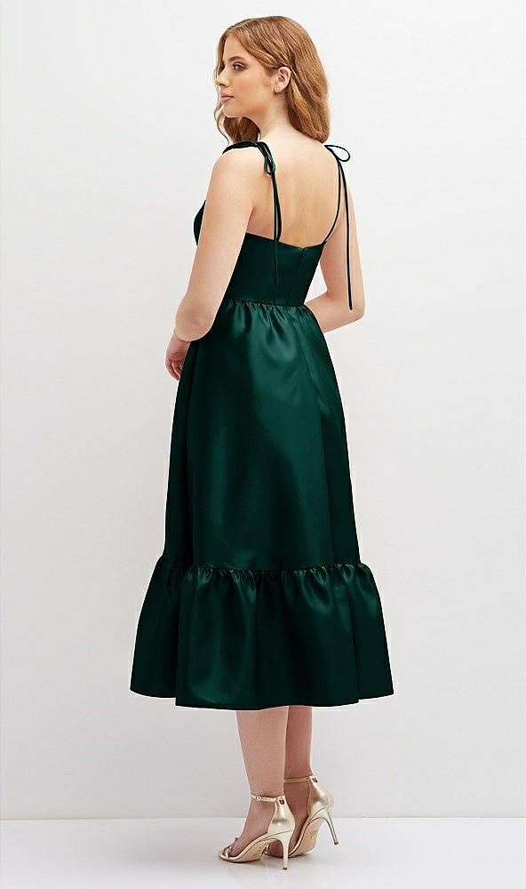Back View - Evergreen Shirred Ruffle Hem Midi Dress with Self-Tie Spaghetti Straps and Pockets