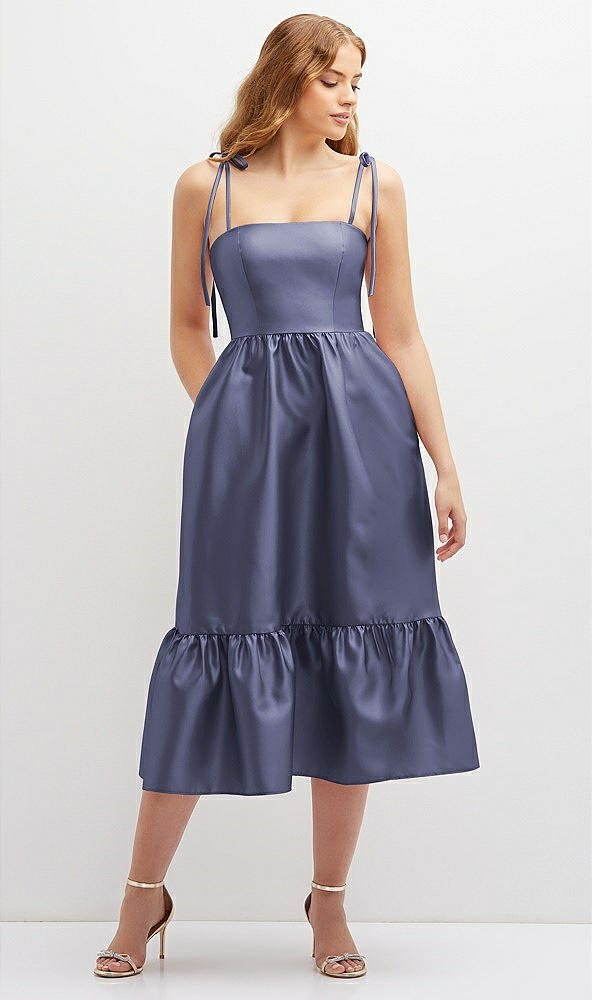 Front View - French Blue Shirred Ruffle Hem Midi Dress with Self-Tie Spaghetti Straps and Pockets