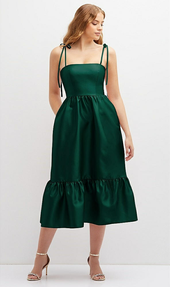 Front View - Hunter Green Shirred Ruffle Hem Midi Dress with Self-Tie Spaghetti Straps and Pockets