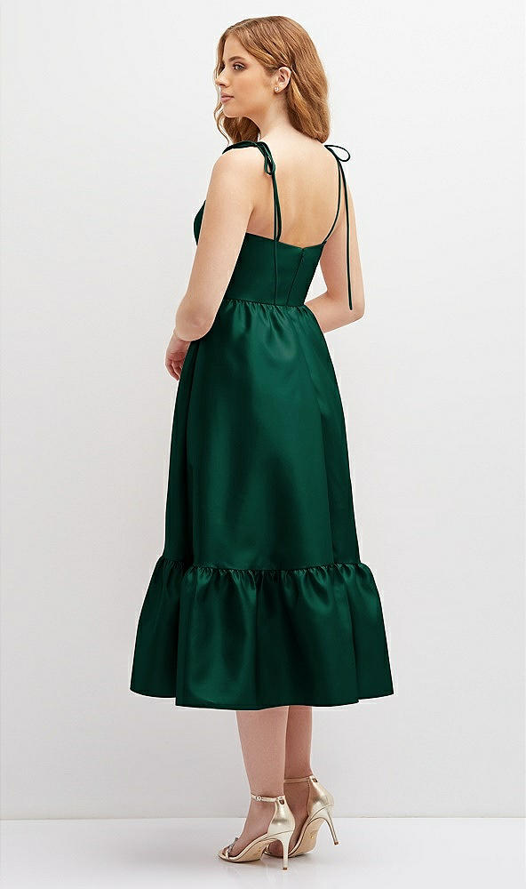 Back View - Hunter Green Shirred Ruffle Hem Midi Dress with Self-Tie Spaghetti Straps and Pockets
