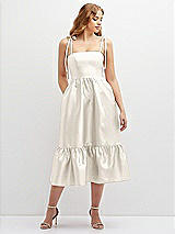 Front View Thumbnail - Ivory Shirred Ruffle Hem Midi Dress with Self-Tie Spaghetti Straps and Pockets