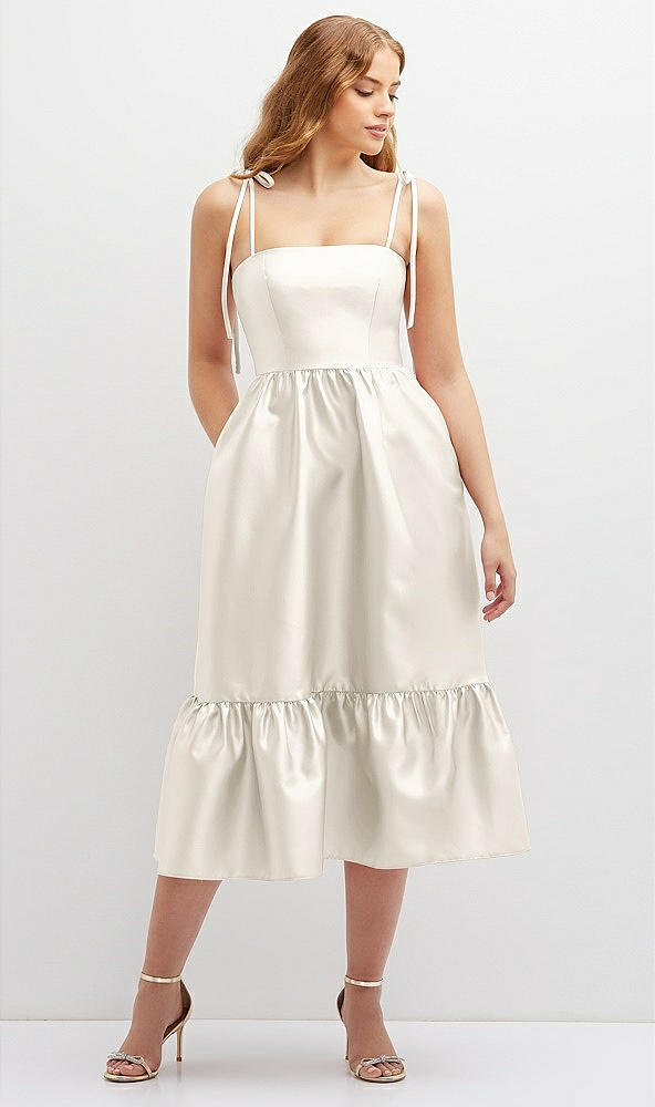 Front View - Ivory Shirred Ruffle Hem Midi Dress with Self-Tie Spaghetti Straps and Pockets
