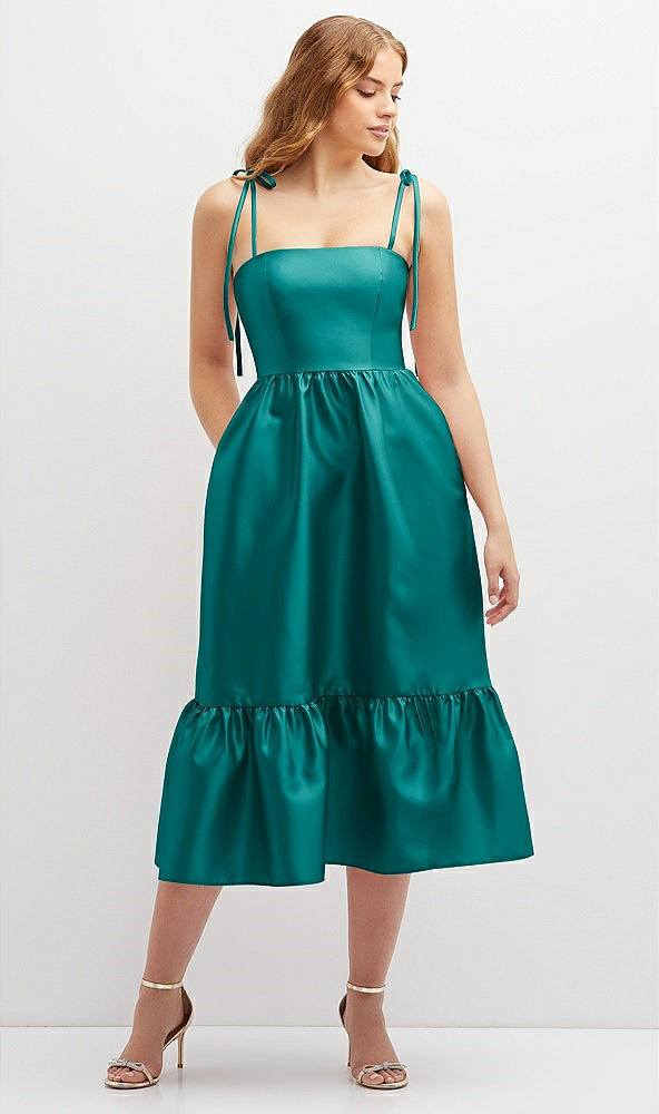 Front View - Jade Shirred Ruffle Hem Midi Dress with Self-Tie Spaghetti Straps and Pockets