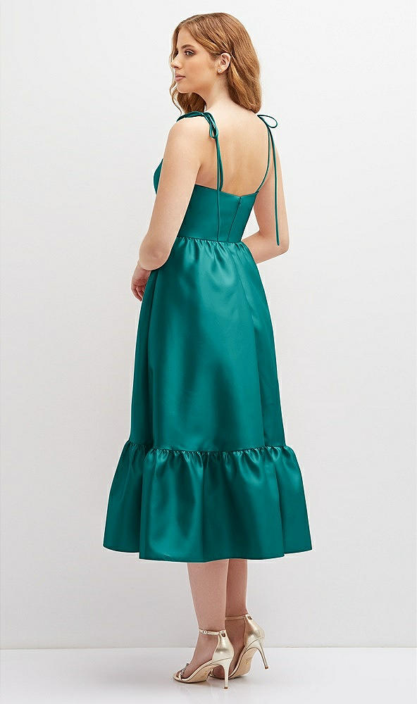 Back View - Jade Shirred Ruffle Hem Midi Dress with Self-Tie Spaghetti Straps and Pockets
